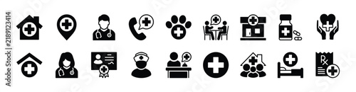 Clinic icon vector set. Contains hospital, pharmacy, map pin location, doctor, nurse, emergency call, medicine, healthcare, veterinary, recipe, receptionist, health room, certificate, family