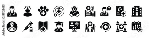 Doctor icon vector set. Contains pediatrician, examining patient, medicine prescription, hospital, nurse support, veterinarian, stethoscope, syringe, medical education book, help care. Illustration