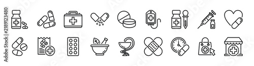 Medicine thin line icon set. Contain first aid kit, drug, capsule, syrup, donor or blood bag, syringe, recipe, herbal, pharmacy, drugstore, health medication, plaster, online shop. Vector illustration