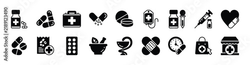 Medicine icon vector set. Contains first aid kit, pharmacy, drug, health medication, donor or blood bag, syringe, capsule, syrup, recipe, herbal, drugstore, plaster, online shop. Illustration