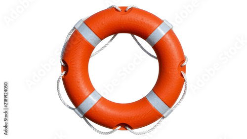 Canvas Print Orange life preserver ring with reflective stripes and rope, isolated on transpa