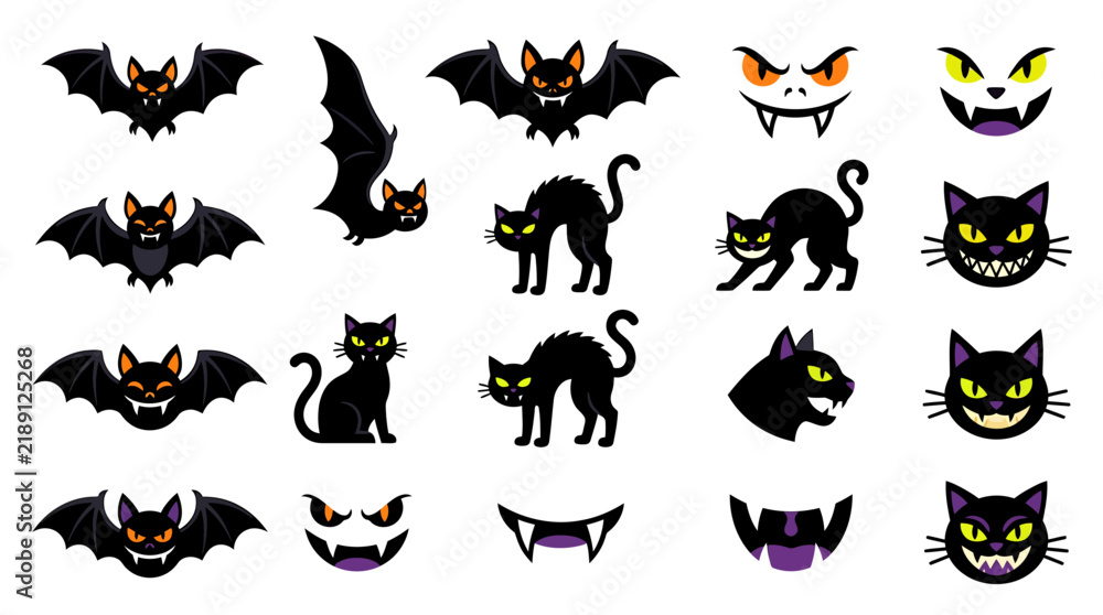 Obraz premium Halloween themed black cats and bats icons collection.
