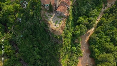 Aerial View of Castellfollit de la Roca Village on a Forested Cliff