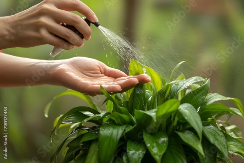 Close up human hand spraying water droplet mist potted green plant care picture