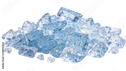 Pile of blue glass shards with internal bubbles, isolated on transparent background