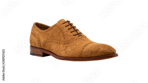 Photography Brown suede oxford brogue shoe with dark brown laces, isolated on transparent ba