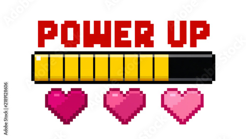 Pixelated red POWER UP text with yellow loading bar and hearts, isolated on transparent background