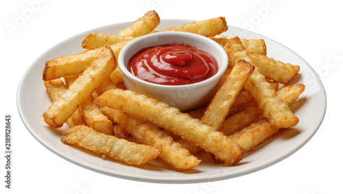 Golden french fries served with ketchup in a white bowl, isolated on transparent background