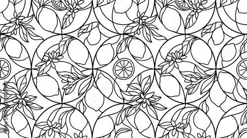 Seamless pattern with lemon fruits, blossoms and leaves in a geometric circular stained glass style, black and white line art coloring page background.