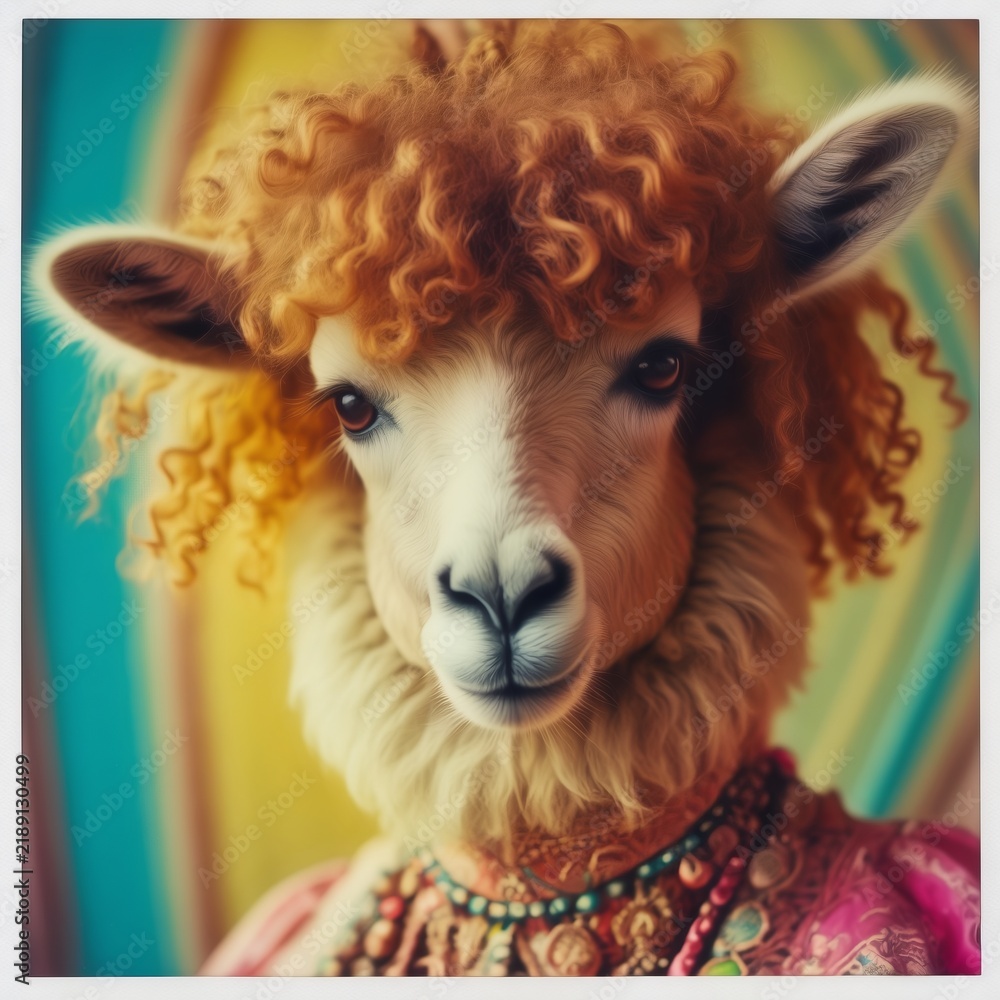 Obraz premium Alpaca with Curly Orange Hair and Ethnic Jewelry