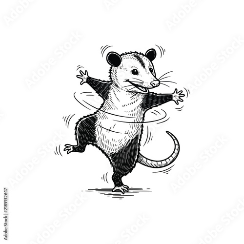 Playful black and white vector illustration of a happy dancing possum spinning around.