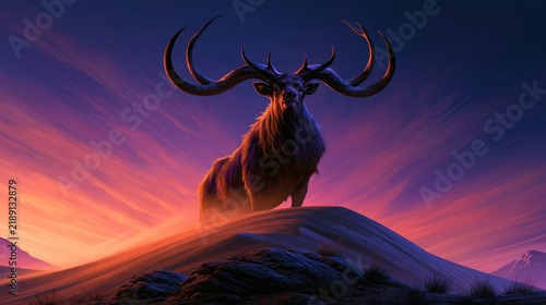 Giant Fantasy Longhorn Beast Charging Across Snowy Mountain Created with Generative AI Technology AI Generative