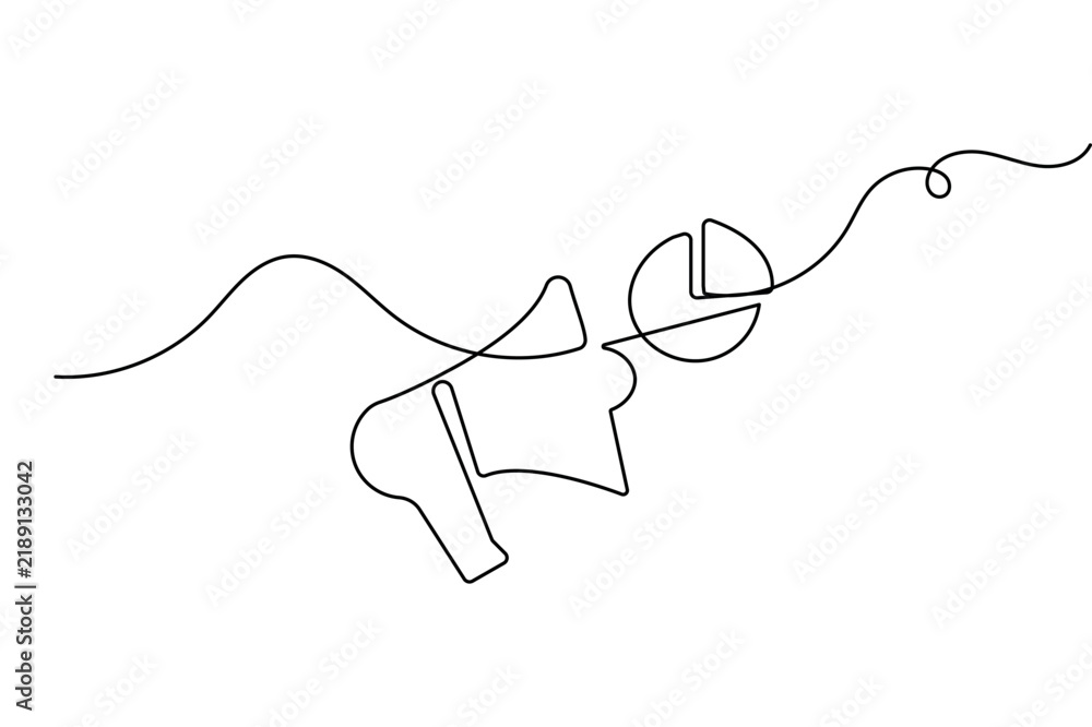 Obraz premium Megaphone pie chart continuous line art showing a megaphone icon broadcasting a pie chart. Features an editable stroke vector style.
