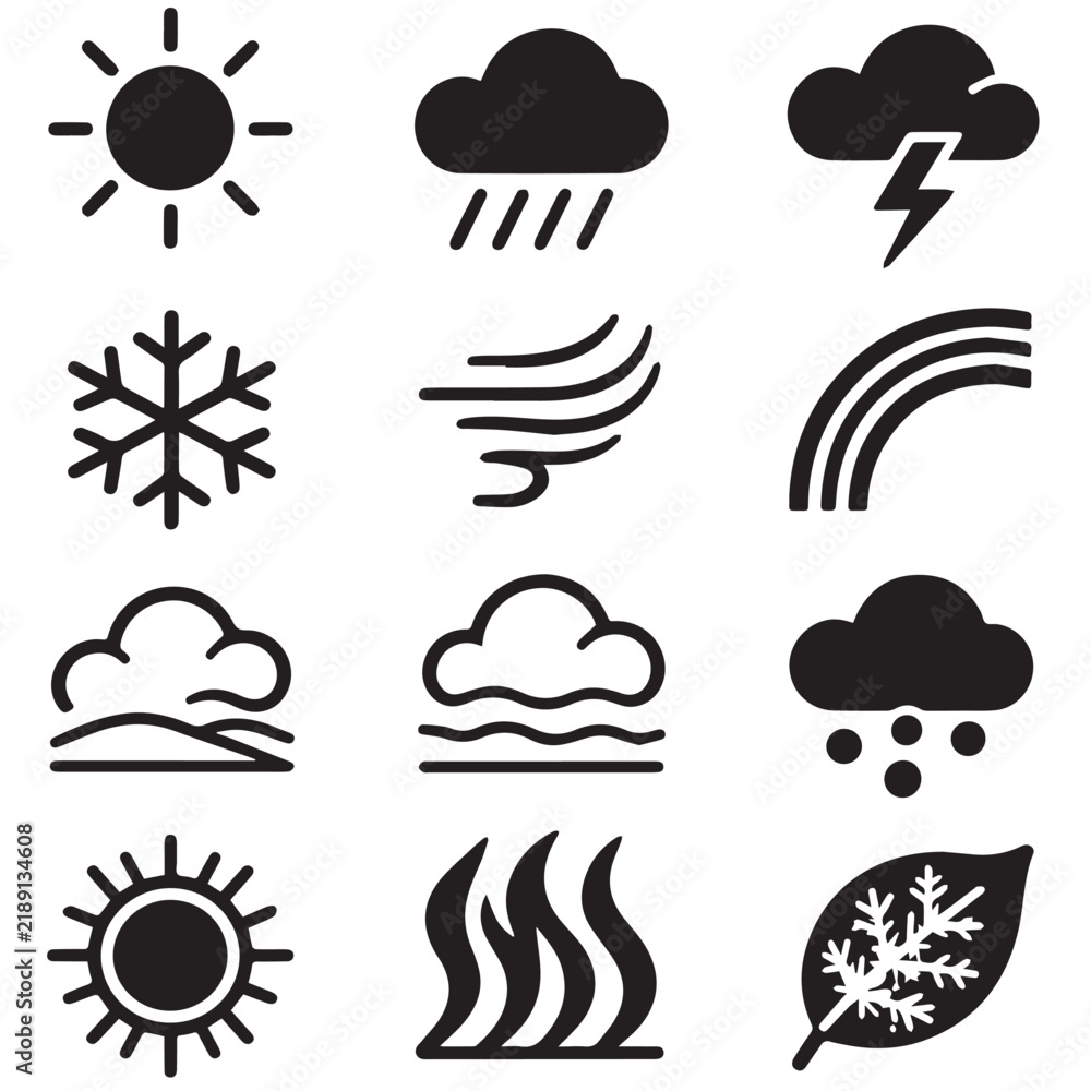 Obraz premium Set of black weather icons featuring sun rain cloud lightning snowflake wind and seasonal elements. A collection of minimalist weather forecast symbols for digital interfaces and mobile applications.