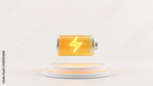 Glowing battery icon floats above pedestal. Bright orange color dominates minimalist scene. Clean design, power symbol visible.