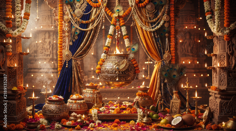 Obraz premium Luxury Janmashtami celebration with a traditional brass butter pot, marigold flowers, jasmine garlands, peacock feathers
