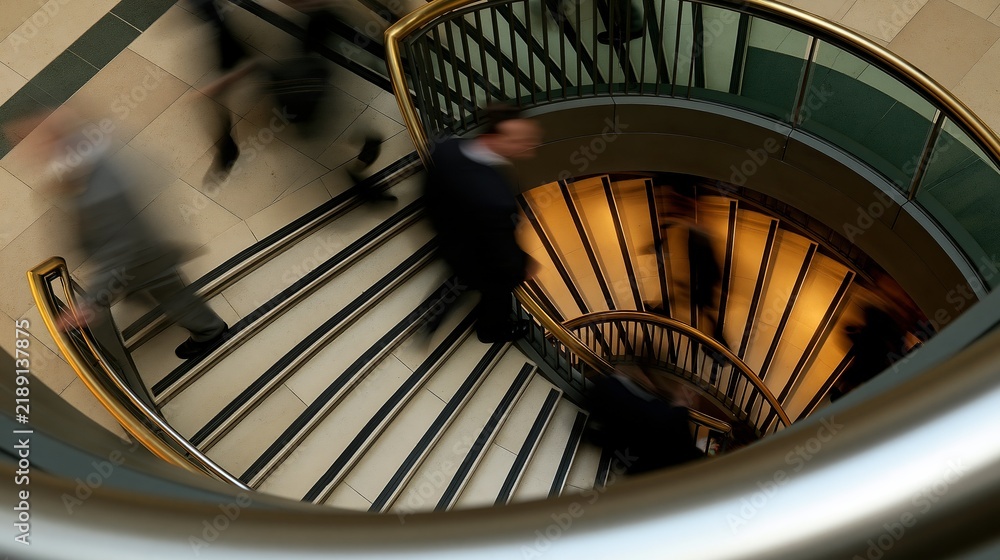 Fototapeta premium A dynamic staircase scene showcasing blurred figures in motion, symbolizing hustle.