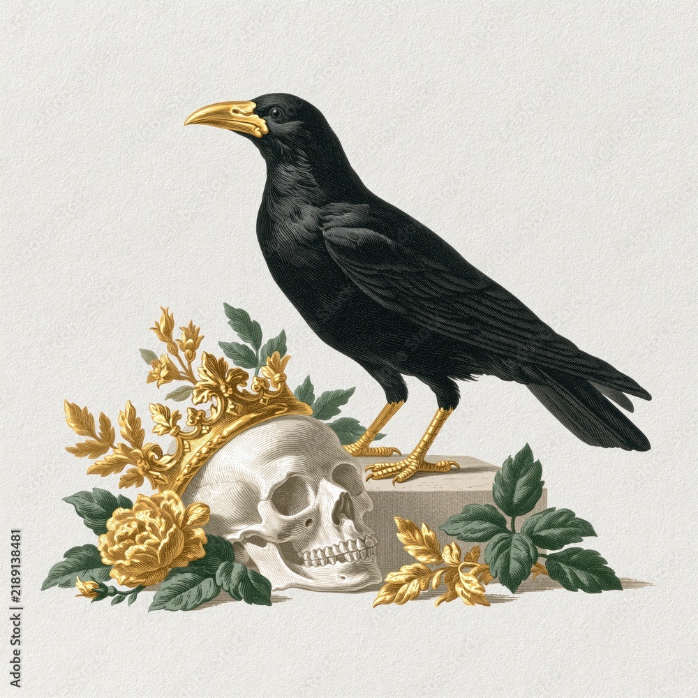 Fototapeta premium Black raven with skull and floral crown vintage illustration