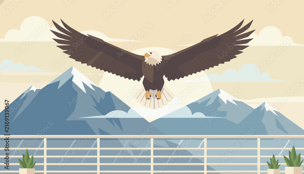 Fototapeta premium Majestic bald eagle soaring gracefully with wings spread wide over snowy mountain peaks under a soft sunset sky.