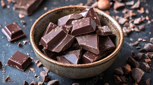 Gourmet dark chocolate chunks in ceramic bowl on dark stone background. Premium organic cocoa pieces for luxury dessert baking and high-quality confectionery ingredient.