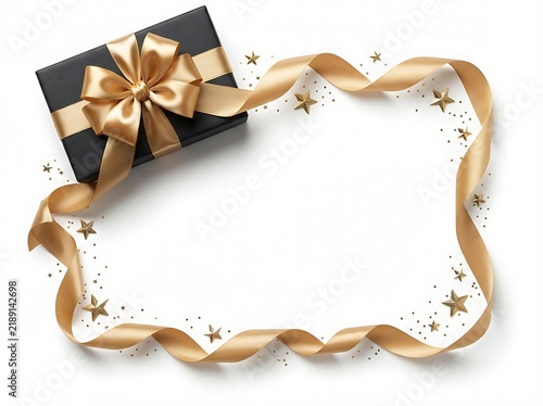 Black gift box with golden ribbon frame for holiday greeting