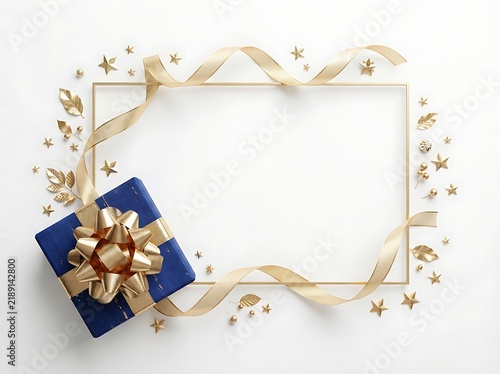 Blue gift box with golden bow and frame for greeting card