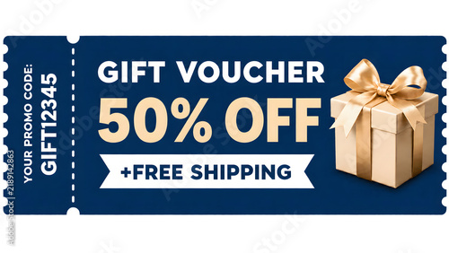 A navy blue gift voucher card features a promo code stub, discount text, and a cream wrapped box with a satin bow. Scalloped ticket edges complete the layout. Vector coupon design.