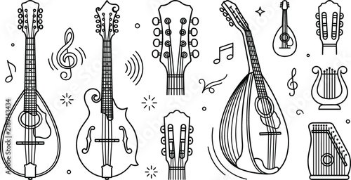 Принти на полотні Mandolin musical instrument line art set lute lyre headstock note acoustic vecto