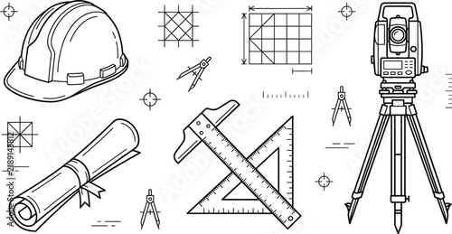 Construction engineering line art set hard hat total station tripod blueprint ruler compass surveying tools vector illustration