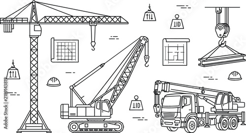 Heavy construction crane equipment line art set tower crawler truck mobile crane lifting beam vector illustration