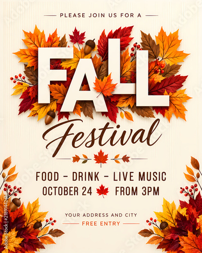Fall Festival invitation with autumn leaves and acorns featuring event details for food drink and music perfect for seasonal celebrations