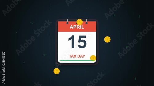 Tax Day April 15 Calendar Animation with Floating Gold Coins on Dark Background.