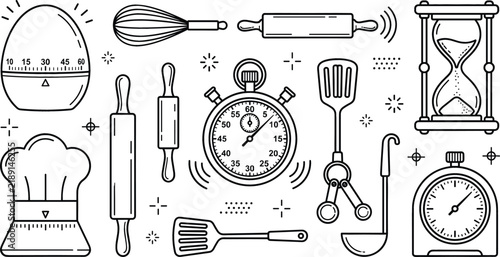 Kitchen timers and cooking utensils vector set featuring stopwatch hourglass chef hat rolling pin whisk ladle spatula elements