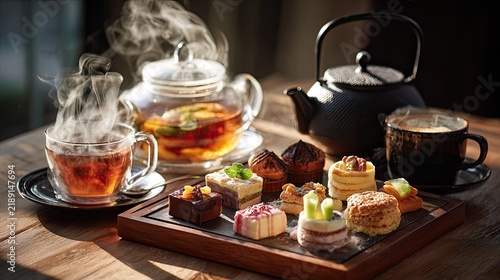 Warm Evening Tea and Assorted Pastries on a Wooden Table
