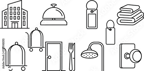 Hotel amenities and hospitality line art icon set with diverse accommodation luggage cart door hangers and room service symbols