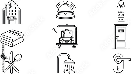 Hotel amenities and hospitality line art icon set with diverse building luggage cart door hanger and room service symbols