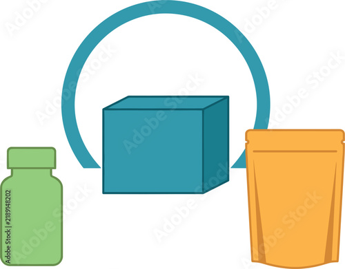 Product packaging template vector illustration with blank bottle cardboard box pouch container and circular frame