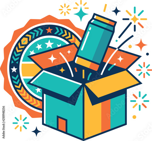 Product subscription box flat vector illustration with aluminum soda can popping out of open delivery parcel