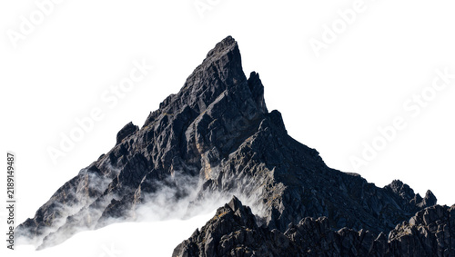 Quadro su tela Jagged dark grey mountain peak with wisps of white fog, isolated on transparent