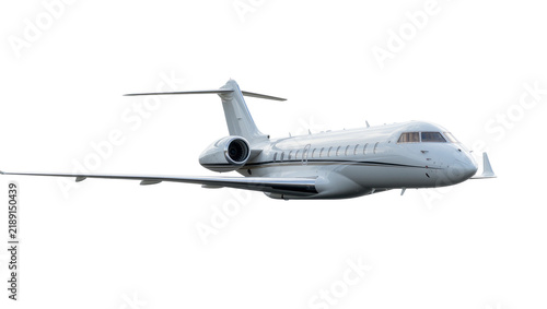 Sleek white private jet airplane with swept wings, isolated on transparent background