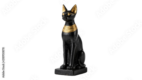 Fotografía Black Egyptian cat statue with gold collar and eyes, isolated on transparent bac