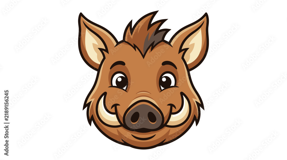 Obraz premium Cheerful Wild Boar Head Vector Illustration Featuring a Friendly Cartoon Hog Mascot with Large Tusks and a Smiling Expression Isolated on a Plain White Background.