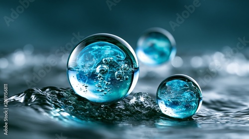 Water bubbles reflecting light in a serene aquatic environment.