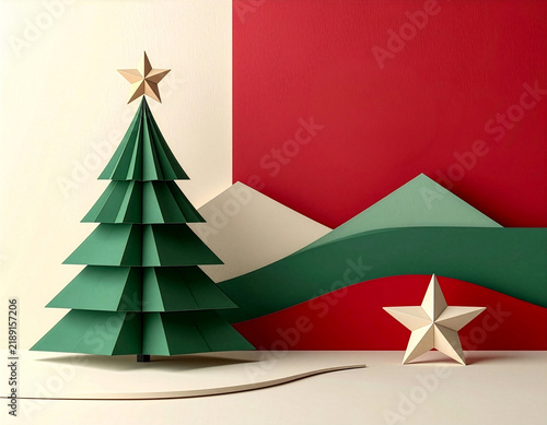 Paper Cutout Christmas Tree with Golden Stars on Red and Green Geometric Background with Copy Space