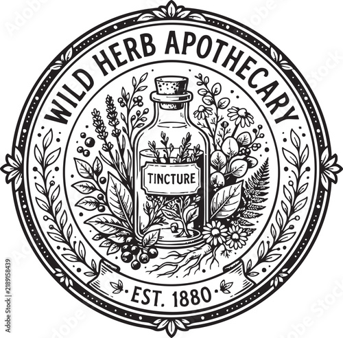 Wild herb apothecary emblem featuring botanical leaves and mortar pestle