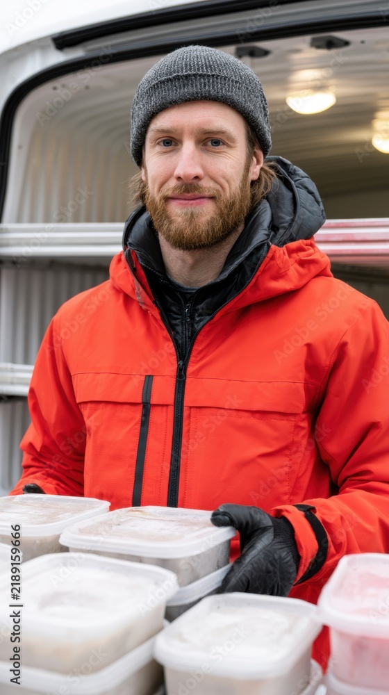 Fototapeta premium Male delivery worker in bright orange jacket holds containers of food outside refrigerated van, with interior lighting visible and storage shelves in the background