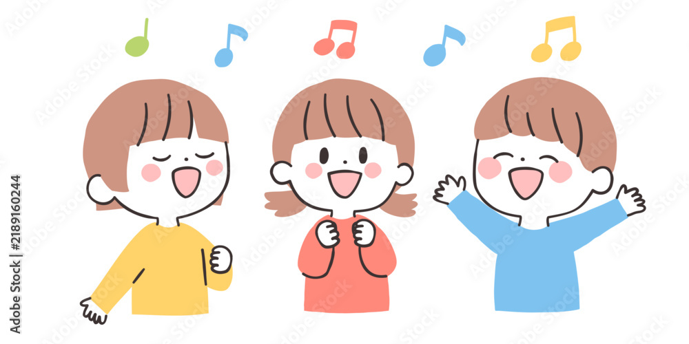 Fototapeta premium 元気に歌う3人の子どもたちのイラスト