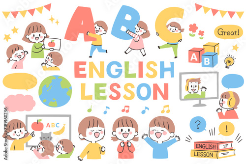 英語教室・子ども英会話レッスンの手描きイラストセット