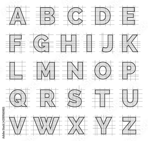 Drafting paper type. Hand drawn blueprint alphabet letters
