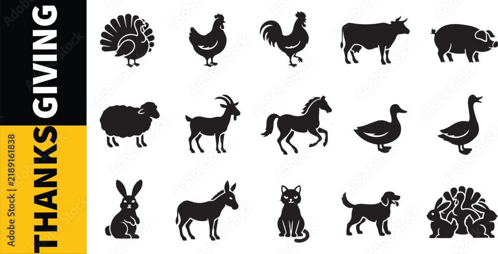 Obraz premium Thanksgiving Farm Animal Icons Set, Black Silhouettes on Yellow Background